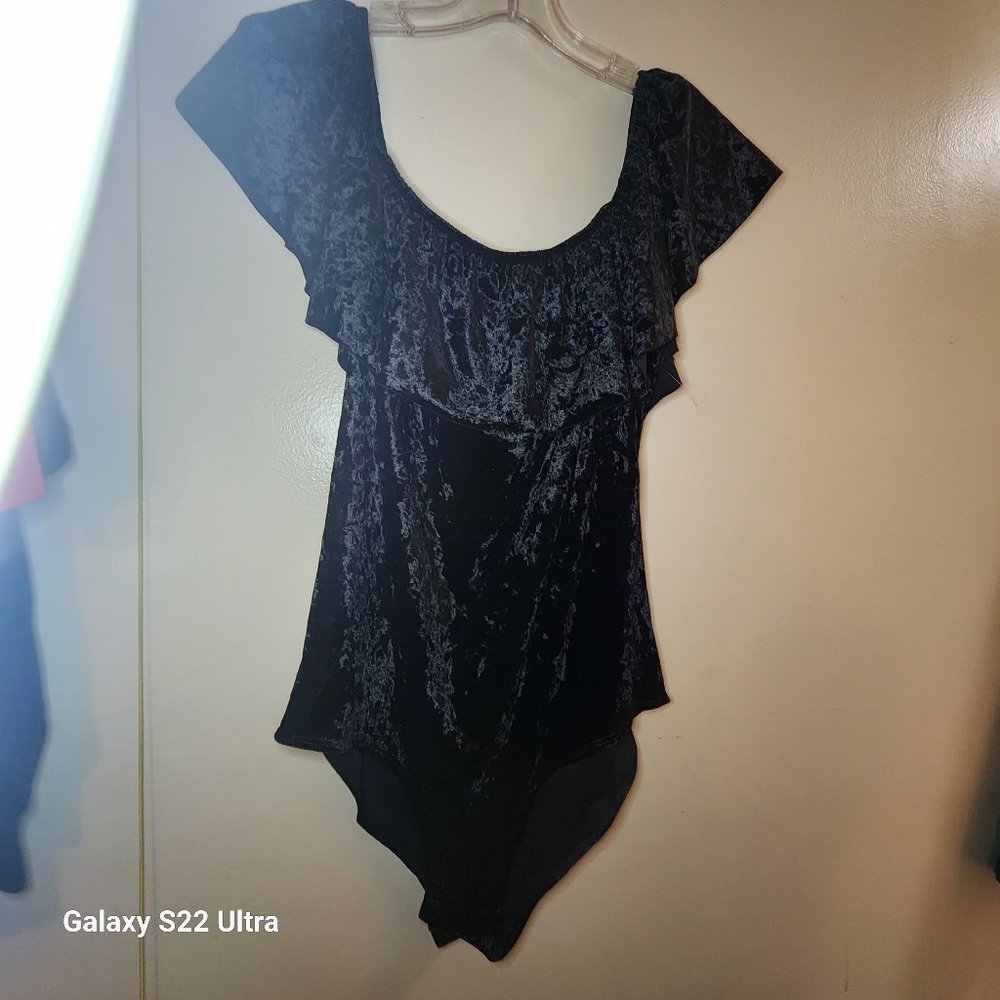 Sz L 1pc Black Velour Ruffle Scoop Neck  Body Suit Whimsygoth Emo Punk Sexy Boho